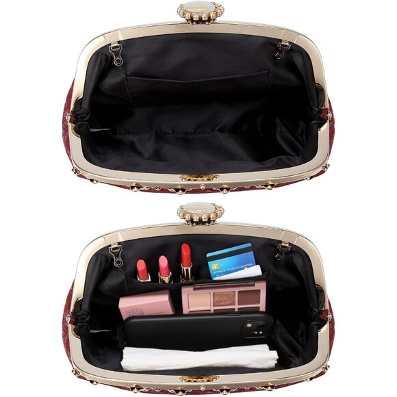⚡ Women's Red Fabric Lace Pearl Chain Rhinestones Shoulder Clutch Bag - Picture 7 of 9